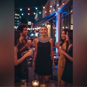 Alice + Olivia Black Cocktail Dress with Embellished Neckline.